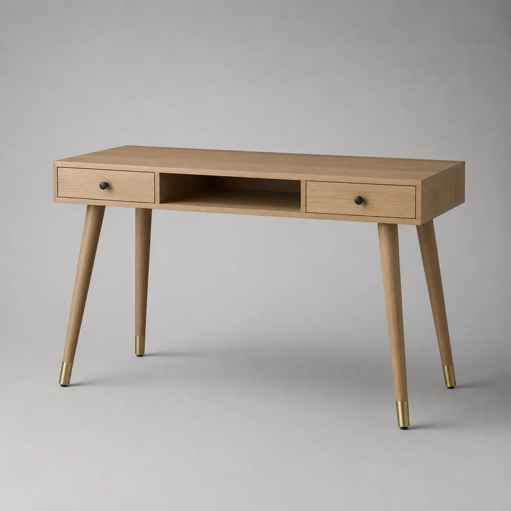 Bureau classique en MDF effet chêne clair avec 2 tiroirs et niche ouverte 120 x 60 x 75 cm