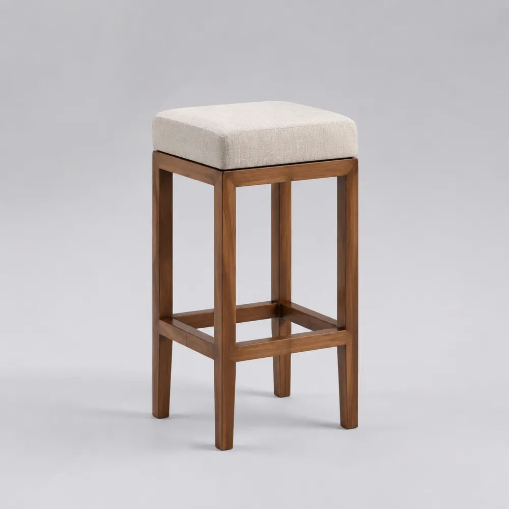 Tabouret de bar avec assise rembourrée en tissu écru et structure en bois marron 45 x 50 x 105 cm