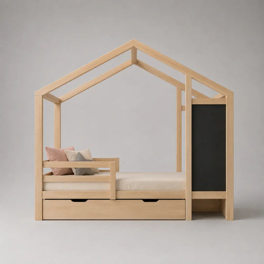 Lit cabane enfant avec tiroir de rangement en bois de pin naturel 90 x 200 cm
