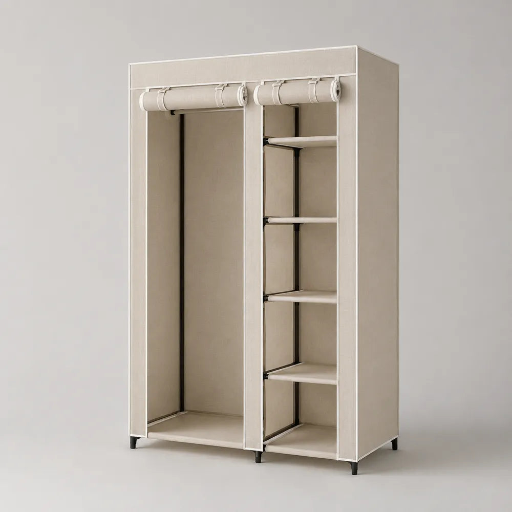 Armoire penderie ouverte en tissu polyester beige avec tringles et étagères 150 x 50 x 180 cm
