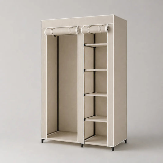 Armoire penderie ouverte en tissu polyester beige avec tringles et étagères 150 x 50 x 180 cm