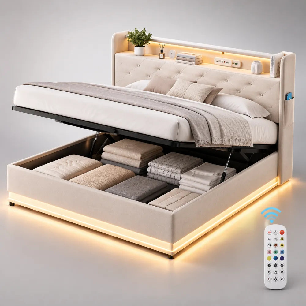 Lit coffre double avec rangement LED tête de lit capitonnée en tissu beige 160 x 200 cm