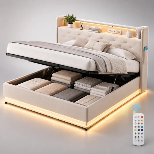 Lit coffre double avec rangement LED tête de lit capitonnée en tissu beige 160 x 200 cm