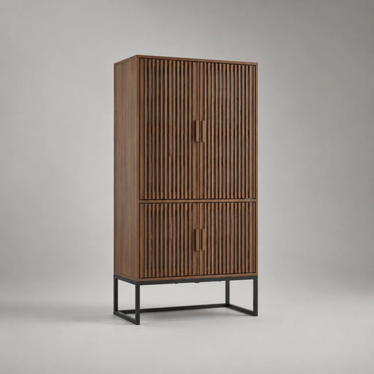 Armoire de chambre 4 portes battantes en MDF plaqué noyer avec piètement acier noir 90 x 45 x 160 cm