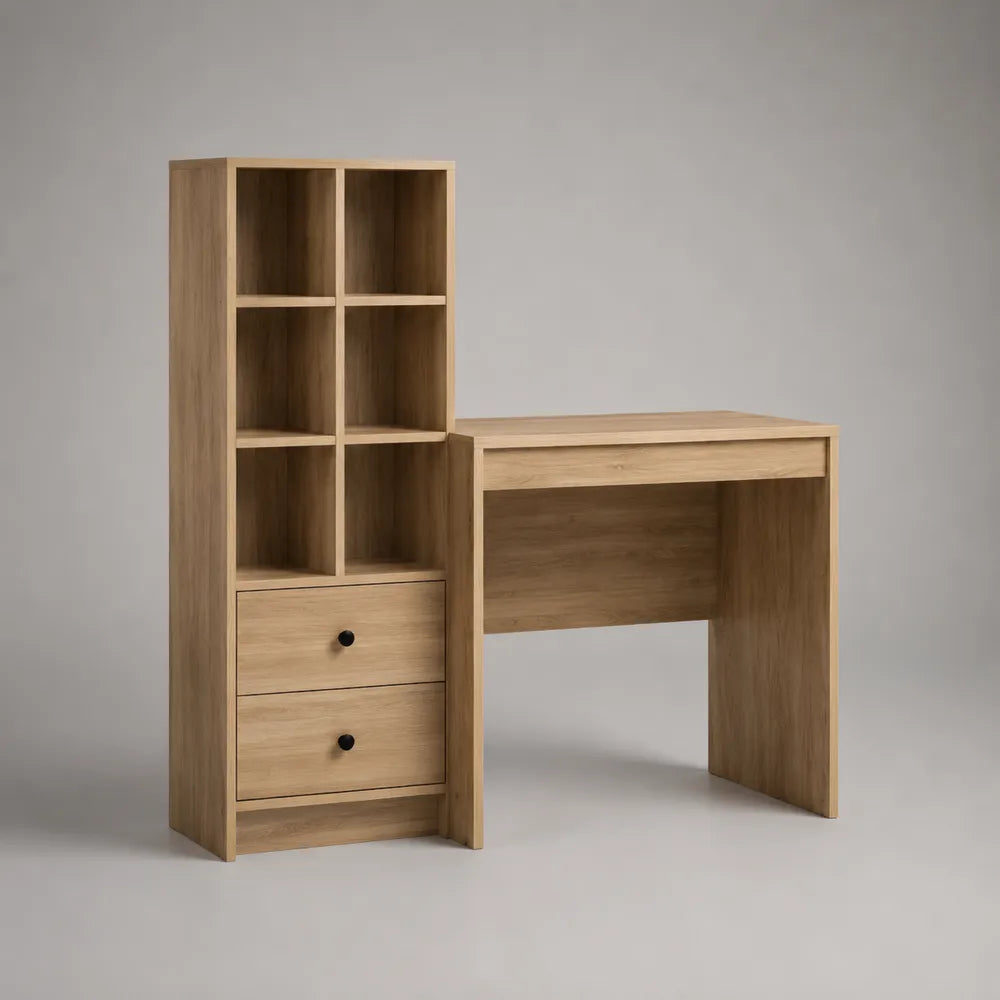 Bureau avec bibliothèque intégrée en MDF finition chêne clair avec tiroirs et étagères 120 x 50 x 150 cm