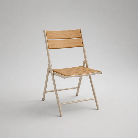 Chaise de jardin pliante en acier beige avec assise et dossier en bois acacia marron 55 x 60 x 85 cm