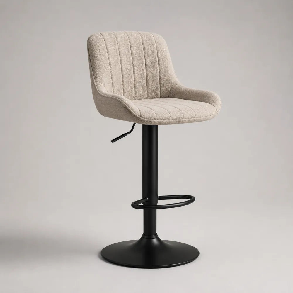Tabouret de bar réglable pivotant en tissu polyester beige avec dossier et pied en acier noir 50 x 55 x 100 cm
