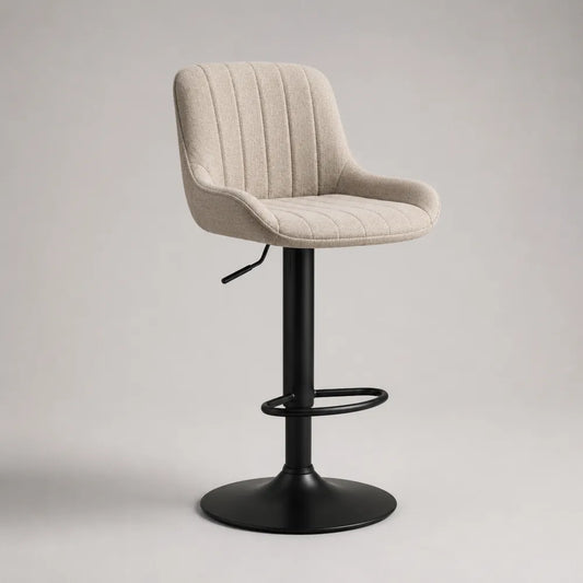 Tabouret de bar réglable pivotant en tissu polyester beige avec dossier et pied en acier noir 50 x 55 x 100 cm