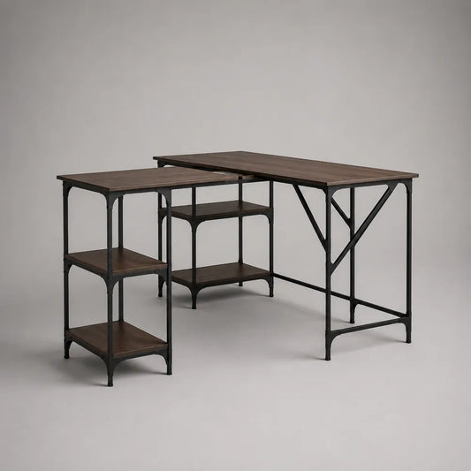 Bureau d'angle en MDF effet bois foncé avec étagères latérales et structure acier noir 150 x 120 x 75 cm