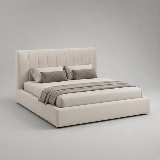 Lit coffre 160 x 200 cm rembourré en tissu polyester beige avec tête de lit capitonnée verticale