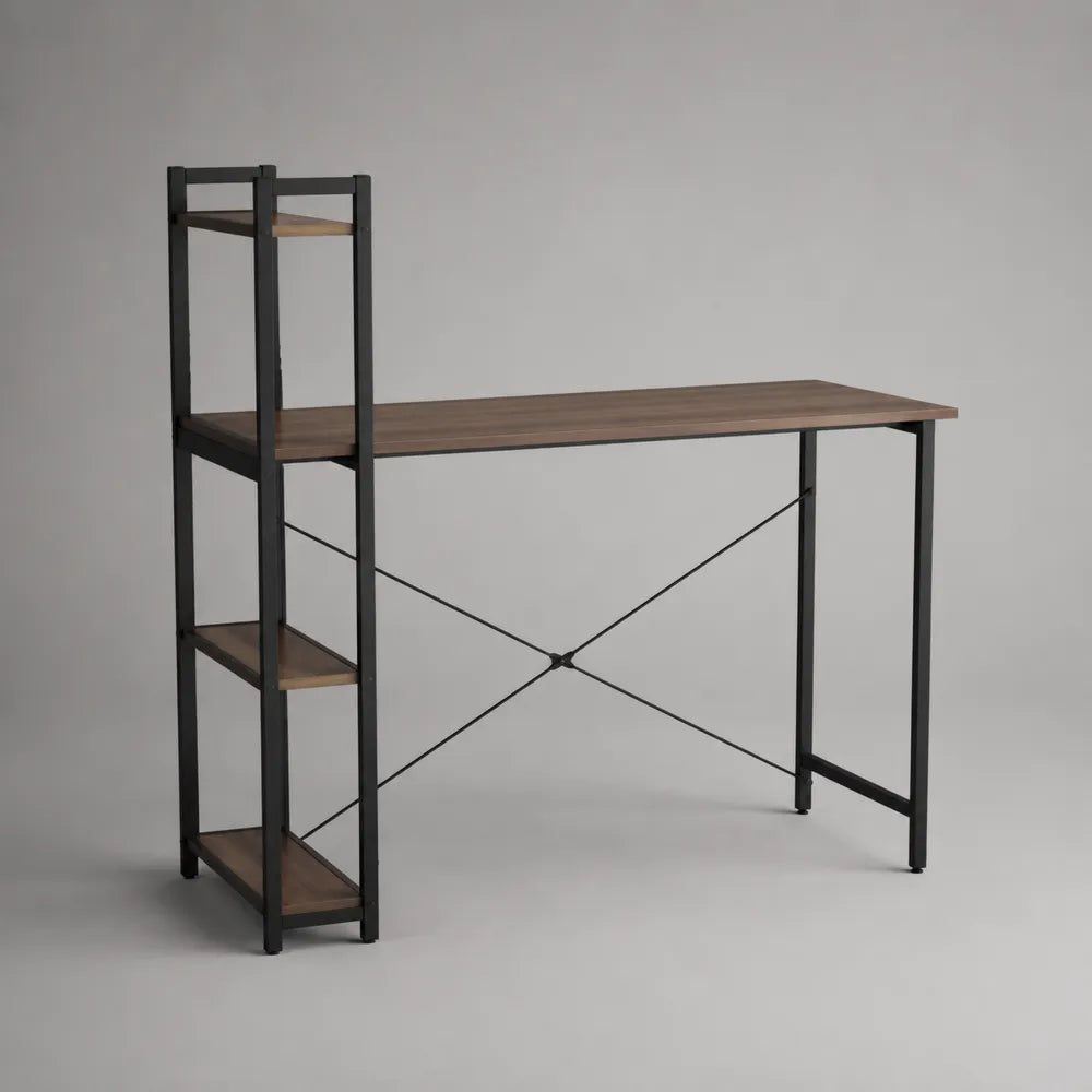 Bureau droit avec étagères latérales en MDF et acier noir finition bois foncé 120 x 60 x 120 cm