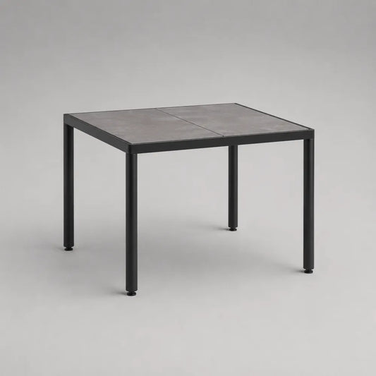 Table de jardin rectangulaire avec plateau effet pierre grise et structure en acier noir 140 x 80 x 75 cm