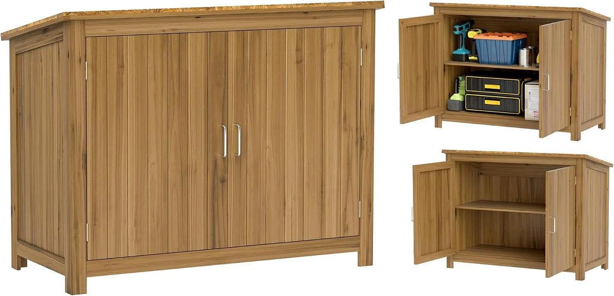 Abri de jardin Outsunny, 110 x 50 x 85 cm Marron, Armoire à Outils résistante aux intempéries pour intérieur, 2 Portes et 2 étagères