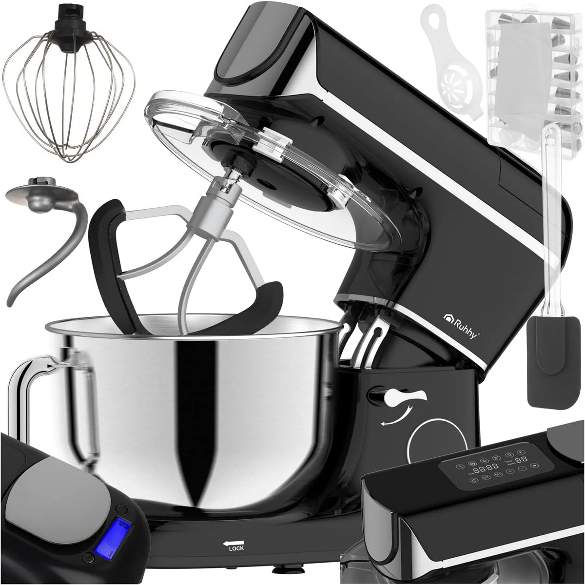 Robot de cuisine RUHHY, 11 niveaux, avec balance intégrée, silencieux et puissant, pizza et gâteau, capacité 5,5 l, avec bol mélangeur chauffant
