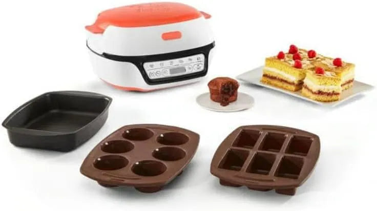 Tefal modèle KD801510 5programmes, Cake Factory TuttiFrutti, Robot Cuiseur Gâteaux 1100W, inclus c t 3 moules blancs, corail