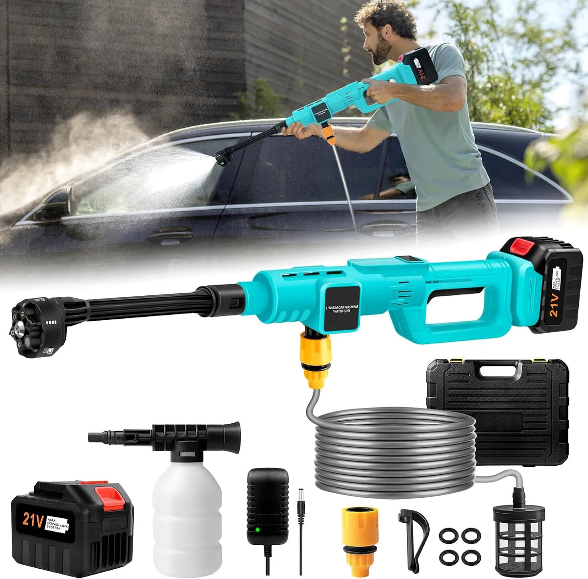 Nettoyeur haute pression, sans fil de 900 psi, pistolet de alimenté par batterie 15 000 mAh, nettoyage
