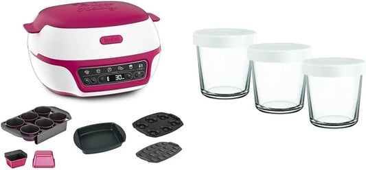 Tefal four YY5716FG XA633110, 5 programmes auto et ses moules + 2 lots de 3 pots en verre 140 ml, Cake Factory Délices, à gâteaux intelligent