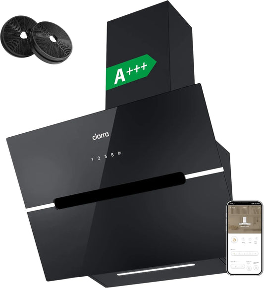 CIARRA hotte aspirante CBCB6736F, 650m³/h, classe énergétique A+++, Commande Tactile & Wi-Fi, classe énergétique A+++ Inclinée 60cm