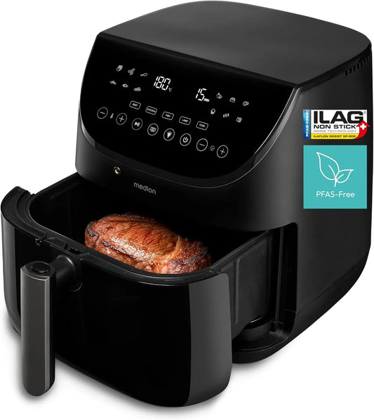 Friteuse à air chaud X20 MEDION XL, moteur DC silencieux 1.700W, capacité 6,6L, sans PFAS, 5 programmes viande avec sonde de température, ILAG