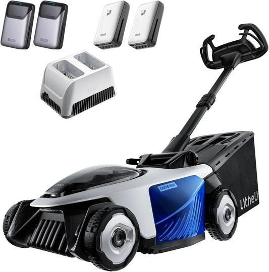 Tondeuse à gazon Litheli Easysurge, sans Fil 43cm, 25-75 mm, 2,2-4,7 km/h, Bac 50L, Batterie avec 4X 20V Batteries 4.0Ah et Chargeur, Autopropulsé