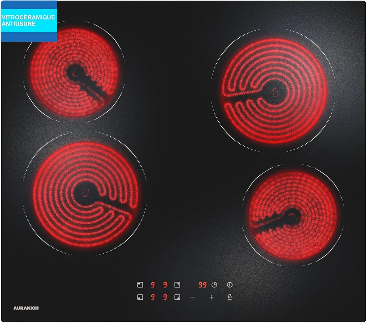 Plaque de cuisson, de Cuisson Electrique 6000W, Commande Tactile, Compatible Tous Poêlons, Vitrocéramique 4 Feux Encastrable 60cm, Minuteur