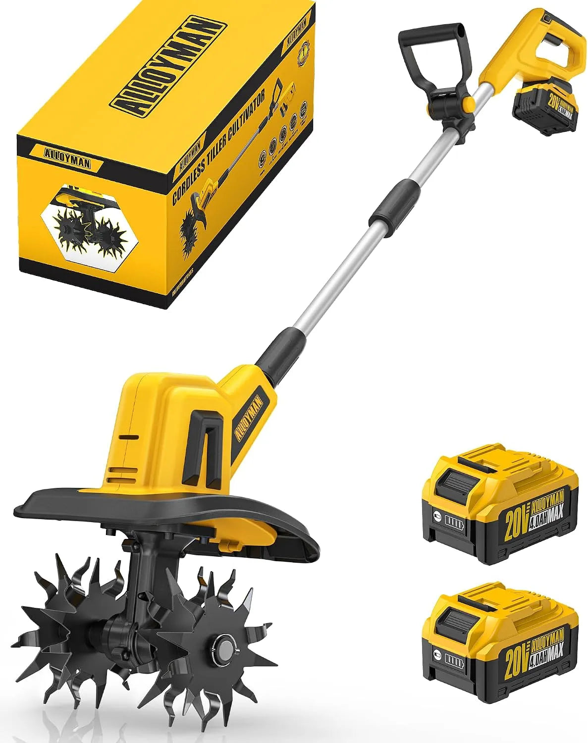 Motobineuse Alloyman, Largeur de Travail 23 cm, 360 TR/Min, pour Pelouse, Travaux du Sol, sans Fil 20V Max, Profondeur 17 cm, Jardin