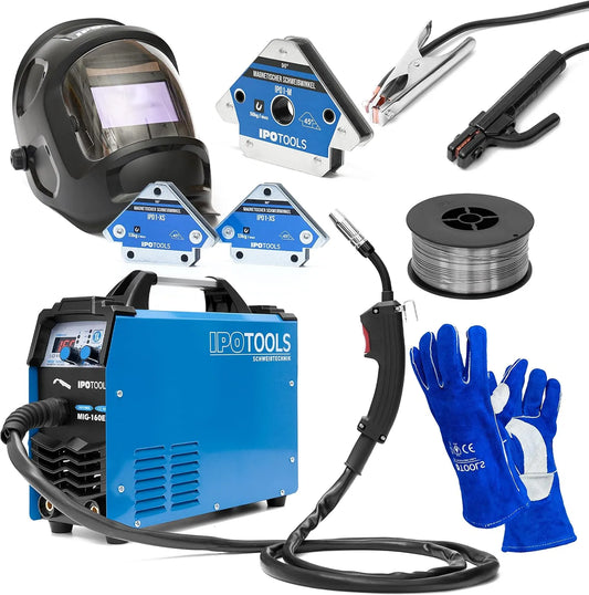 Poste à souder MIG-160ER, avec gaz 160 Amp également Electrodes en baguette, tension 230 V, IPOTOOLS SET IGBT Inverter mig, MMA