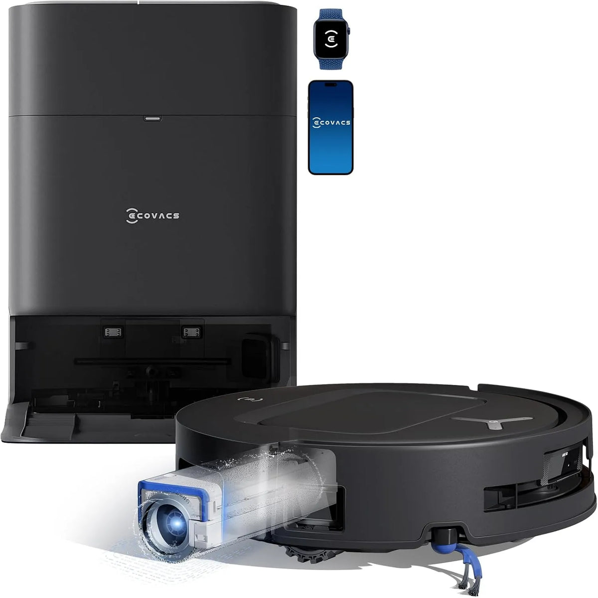 Ecovacs aspirateur T80, ZeroTangle 3.0, Lavage à l'eau Chaude 40-75 ℃, Nettoyage Automatique instantané OZMO Roller, finition noire, 18 000 Pa