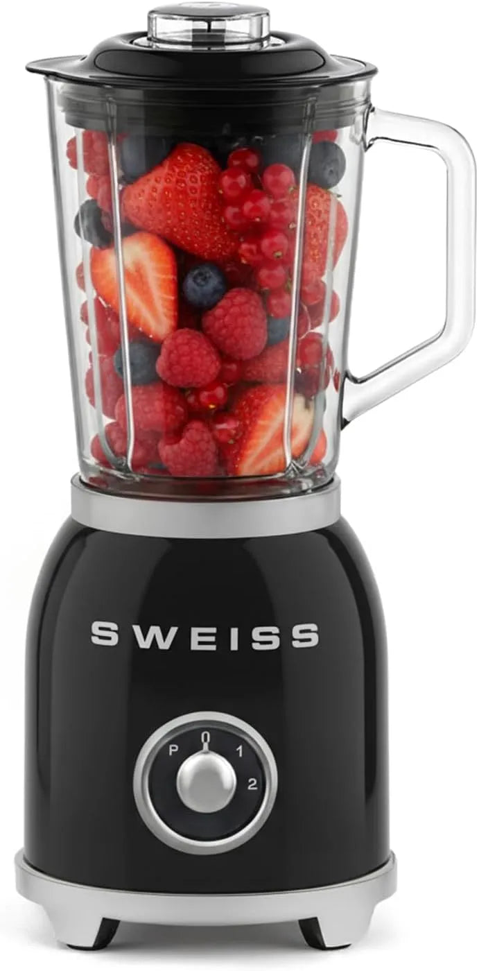 Blender MXV9 SWEISS, puissance 1000 W, Capacité 1,5L, Pieds antidérapants, finition noire, Smoothie Vintage, 2 niveaux de vitesse et fonction pulse