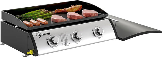 Outsunny Plancha gaz 3 brûleurs 7,5 kW, surface cuisson 61 x 35,5 cm avec couvercle, gaz liquéfié, au format au format portable pour extérieur