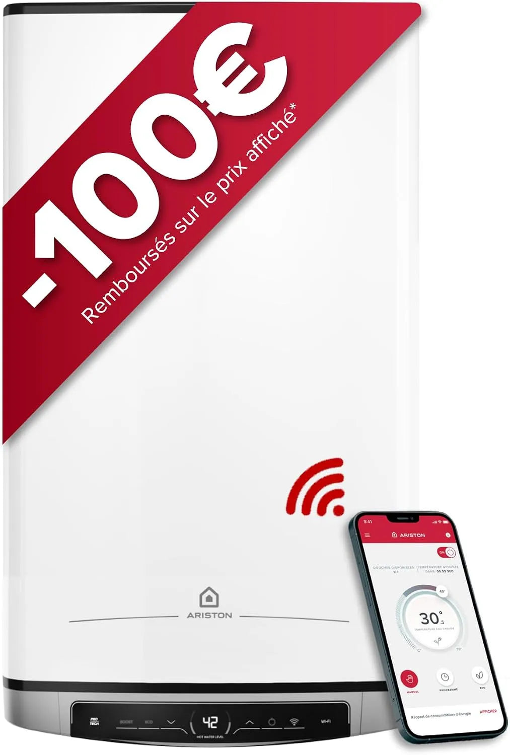 Ariston chauffe-eau électrique, Velis Evo Dune Dry WiFi 45L Plat Multiposition, Résistances DRY x2 Anti-Calcaire, 25% Économie d'Énergie, Certifié NF