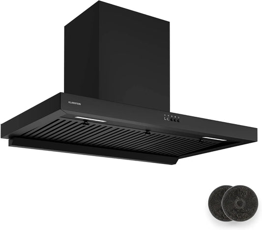Klarstein hotte aspirante 3800-4200, Silencieuse 52 dB, AeroClean, LED K, Noire, 90 cm Hotte murale, 721 m³/h Boost, CEE A++