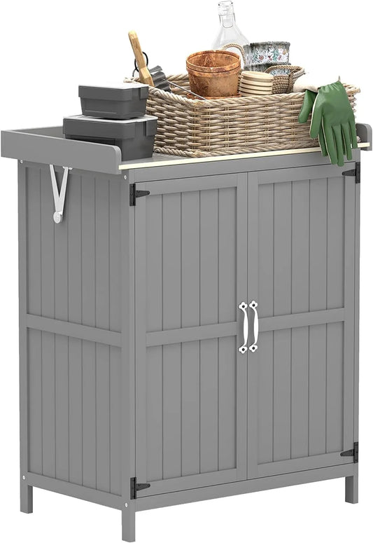 Armoire de jardin Outsunny, dimensions 74 x 43 x 88 cm, Table de Jardinage pour terrasse, finition grise, en Bois avec 2 Portes et étagère