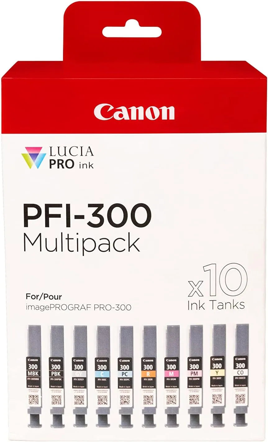 Canon modèle, Pack de 10 Cartouches finition noire Mat PFI-300, Cyan, Magenta, Jaune, Chroma Optimizer, Emballage Carton, finition grise, Rouge