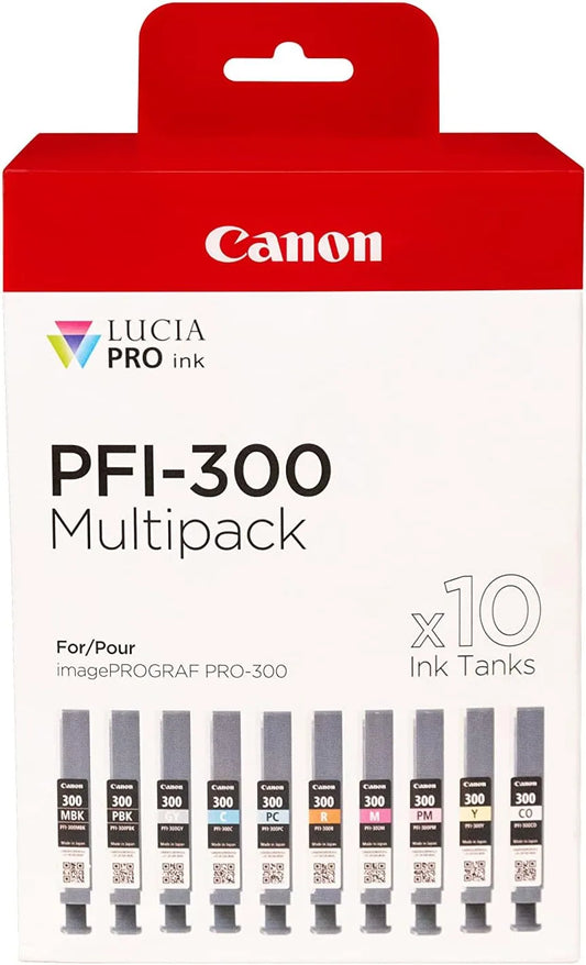 Canon modèle, Pack de 10 Cartouches finition noire Mat PFI-300, Cyan, Magenta, Jaune, Chroma Optimizer, Emballage Carton, finition grise, Rouge