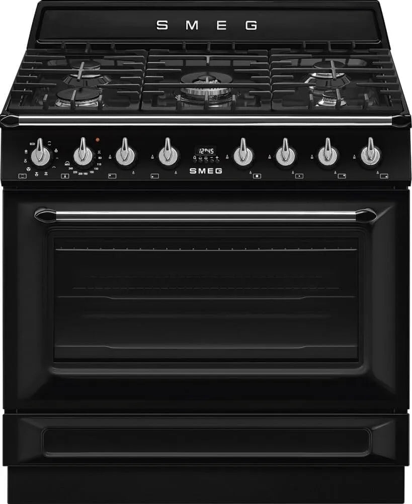 Smeg cuisinière à gaz TR90GMBL, Cuisine 90 cm, four électrique multifonction, 5 feux, classe énergétique A, modèle Victoria, couleur finition noire