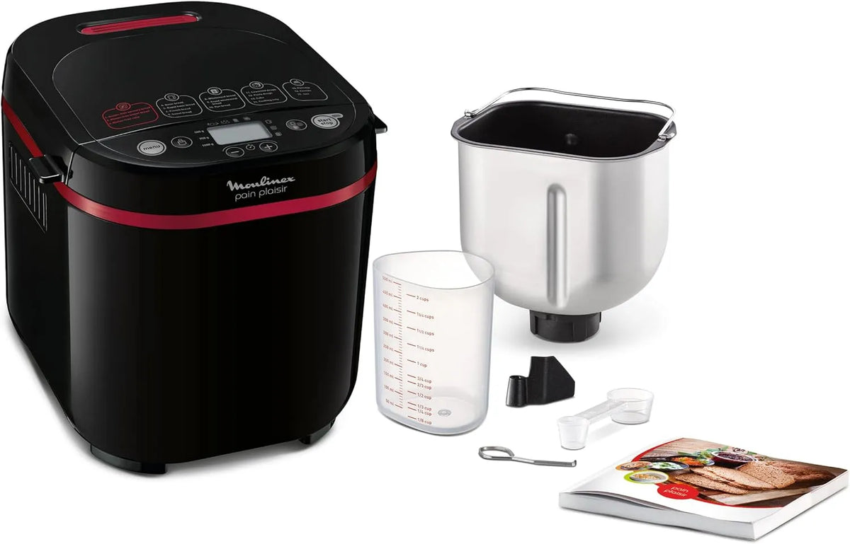 Moulinex machine à pain OW220830, 17 programmes, Départ différé 15 heures, Pain Plaisir, Pain maison, finition noire, poids 1 Kg, puissance 720W