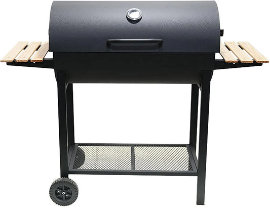 Barbecue, étagères multizones et nettoyage facile Cadre en métal et étagères en bois massif Surface de travail double face à roulettes black