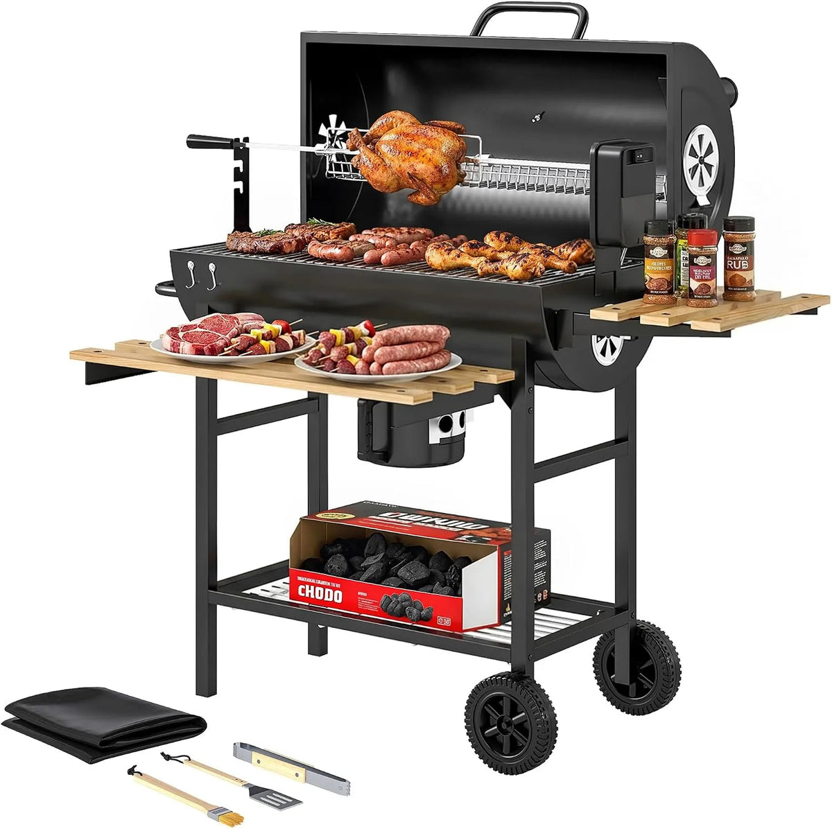Outsunny barbecue, étagères pliables, charbon de bois chariot de cuisson avec grille chauffante, 3 crochets et housse de protection, roues