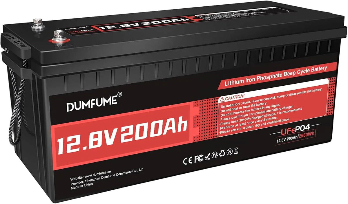 Modèle 200Ah LiFePO4 Batterie Lithium, tension 12V 200Ah, 2560Wh, BMS 200A Intégré, Stockage D'Énergie, Système Solaire, Van Aménagé