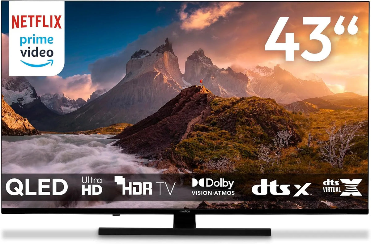 Smart TV 843700, MEDION TV 43 Pouces, largeur 108 cm, 4K, QLED Television, Dolby Vision HDR, Prime Video, Disney+, Dolby Atmos