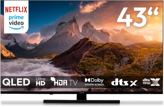 Smart TV 843700, MEDION TV 43 Pouces, largeur 108 cm, 4K, QLED Television, Dolby Vision HDR, Prime Video, Disney+, Dolby Atmos