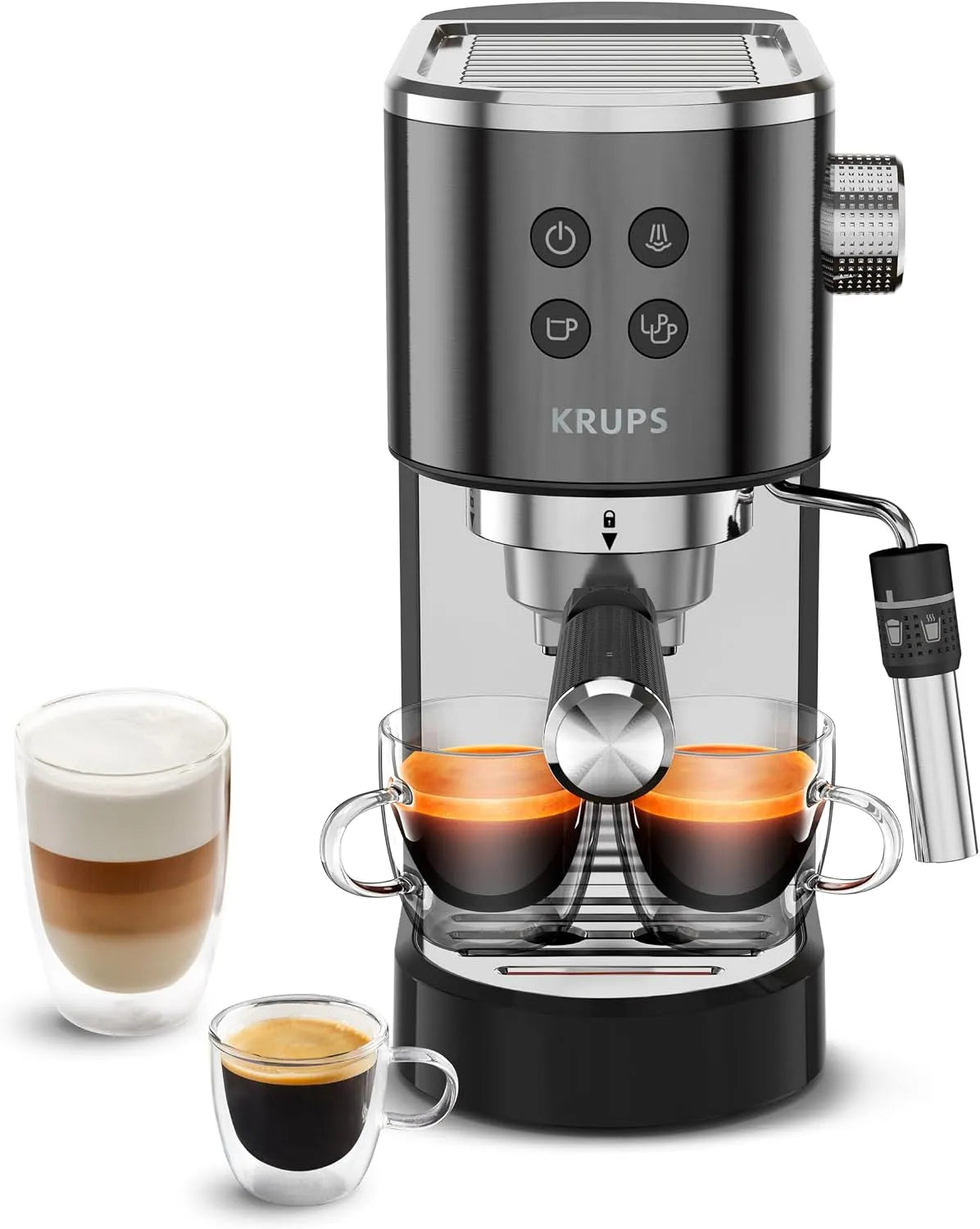 Krups machine expresso XP444G10, Café à pompe, 15 bars, Virtuoso+, manuelle, Café moulu ou dosettes, Inox, Buse vapeur, Espresso et cappuccino