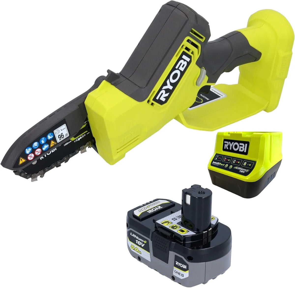 Ryobi modèle, guide 10 cm RY18PSX10A-120, Élagueur à main 18V, 6 m, 1 batterie lithium+ 18V 2,0 Ah et 1 chargeur 1,5 A, moteur sans charbons