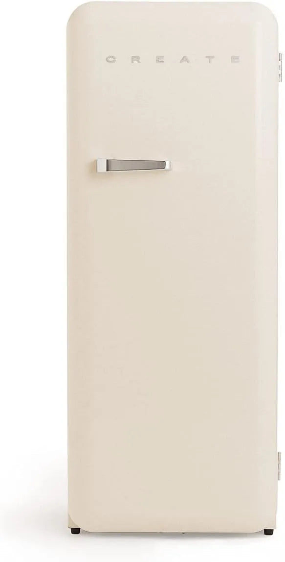 Réfrigérateur FRIDGE 150, dimensions 60x60x150 cm, 3 étagères, RETRO SILVER finition blanche cassé avec poignée finition argentée et congélateur 281L