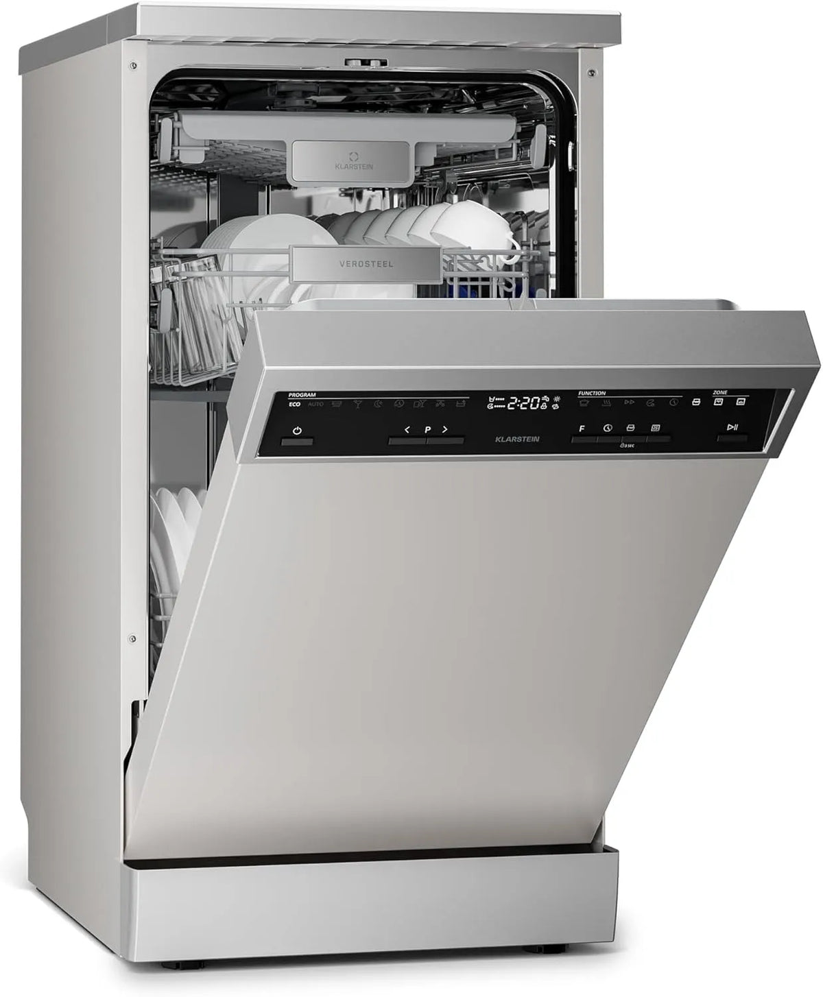 Klarstein Verosteel Lave Vaisselle 45cm, Silencieux 42 dB, 10 Couverts, Pose Libre, AquaStop, finition argentée, 9 Programmes, largeur 45cm