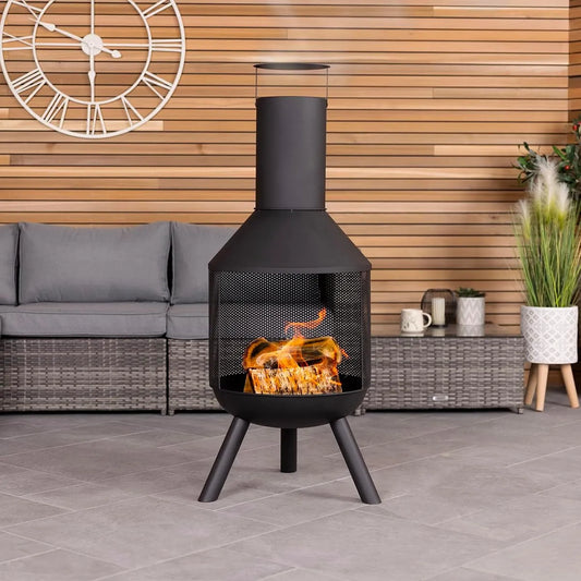 Chauffage terrasse Moderne Rond CHARLES BENTLEY, Chaleur à 360°, dimensions 116x44.5x44.5cm, brûleur Bois, Acier thermolaqué finition noire, cheminé
