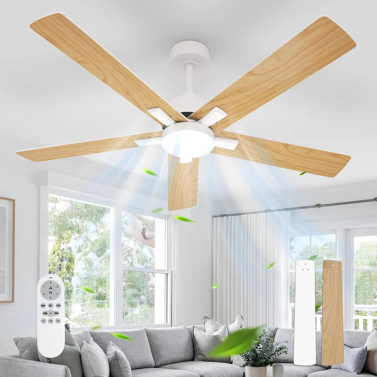 Ventilateur Comely, 6 niveaux de vitesse Silencieux, Moteur DC Réversible Été, Hiver, de Plafond 132 cm avec Lumière LED Télécommande