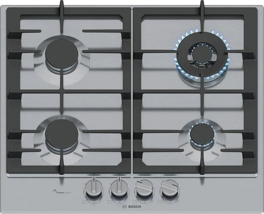 Bosch plaque de cuisson PCH6A5I90, Série 6, à gaz, largeur 60 cm, Acier, FlameSelect, Poignées magnétiques amovibles, WOK, Grilles en fonte, Inox