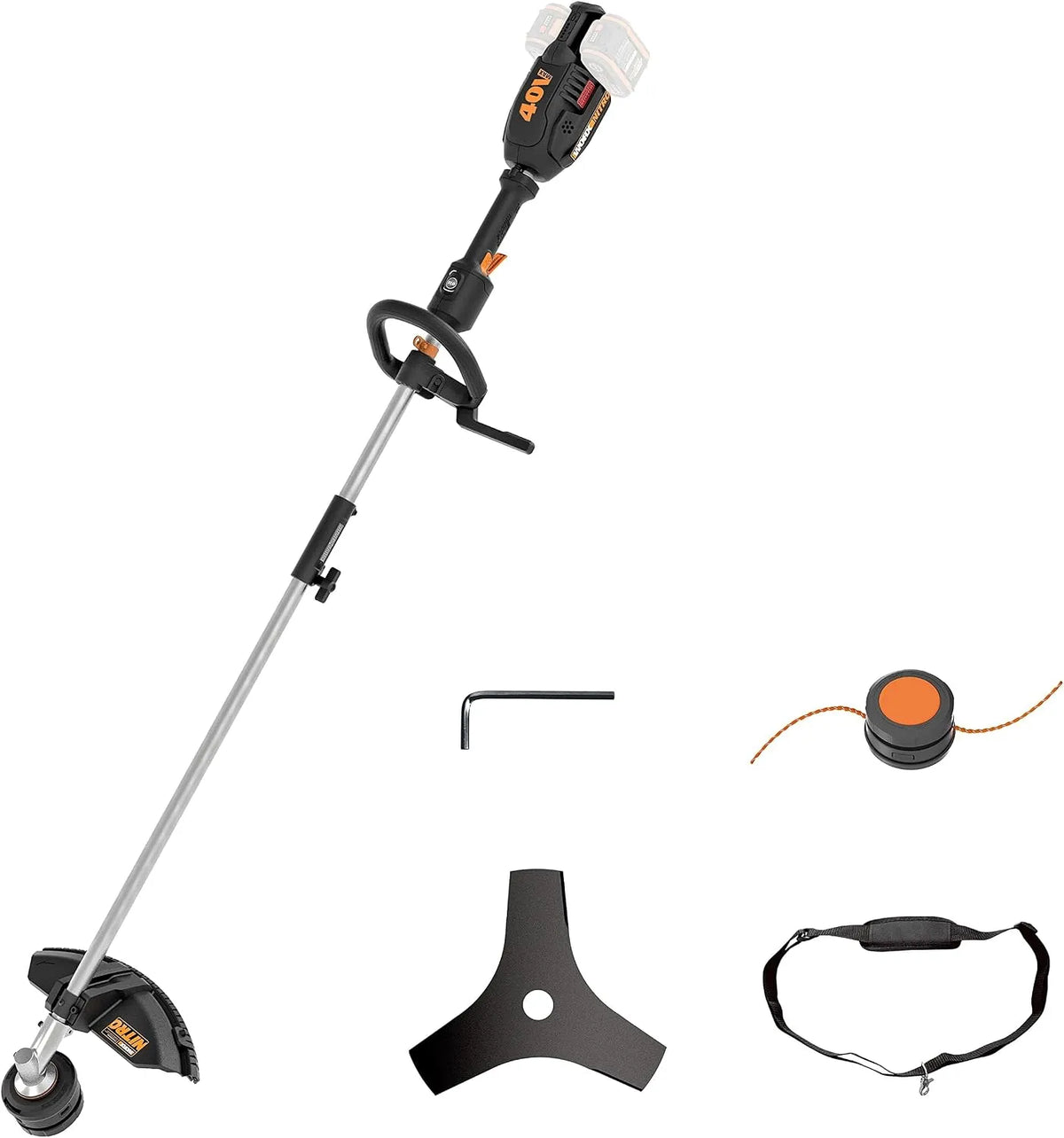 Worx débroussailleuse WG186E.92, Fil de Coupe 38cm, Poignée Amovible, livrée sans Batterie ni Chargeur, sans Fil 40V, Lame de 25 cm